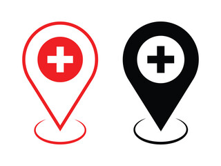 Plus location icon set. Location sign and symbol destination red and black icon on white background. Element for design isolated website interface development. Vector illustration.