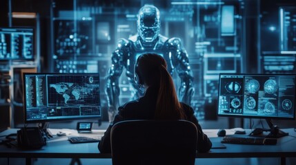 High-tech studio with a professional woman and a futuristic cyborg,