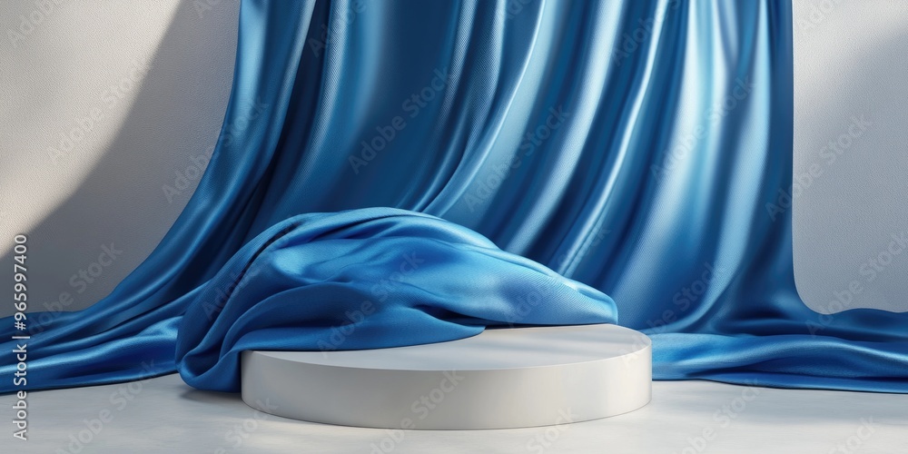Poster luxury cosmetic advertisement featuring realistic blue silk fabric with a box background ideal for p