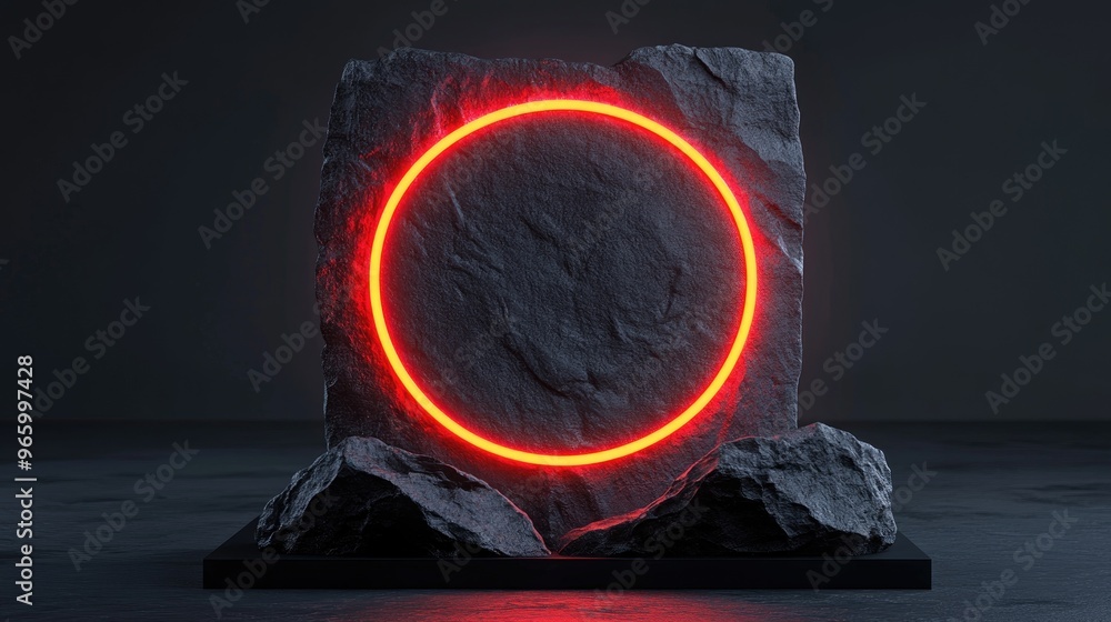 Poster A 3D rendering of a display stand featuring a black stone pattern and a luminous red ring