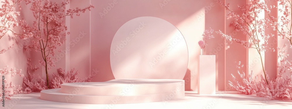 Aufkleber Exhibition podium and stand showcased against a soft pastel architectural backdrop for high end products 3D render Subtle botanical elements with shadowing on the wall create a trendy frame ideal