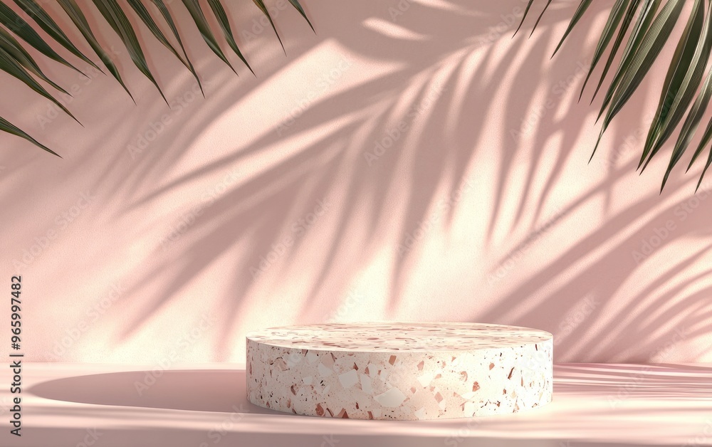 Poster podium and stand featuring terrazzo and stone against a pastel wall background with shadows of tropi