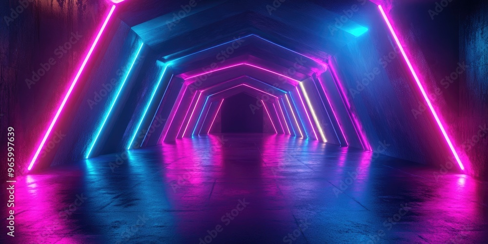 Poster futuristic neon lit stage with glowing laser lights in a dark vibrant setting featuring blue purple 
