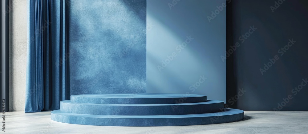 Aufkleber Blue podium on a display with a blank backdrop 3D rendering