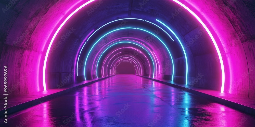 Poster futuristic neon lit stage with glowing laser lights in a dark vibrant setting featuring blue purple 