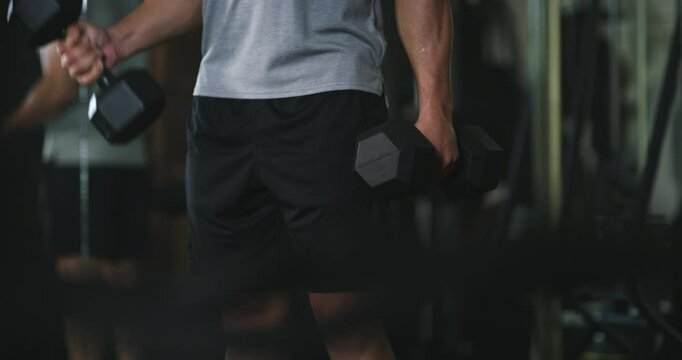 Dumbbell, weight lifting or strong man with arm exercise, muscle growth workout or fitness club challenge, discipline or training. Bodybuilder physique, body wellness and athlete bicep curls in gym