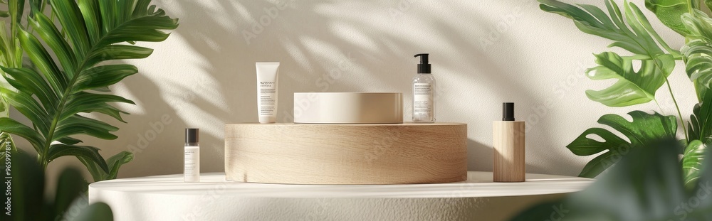 Poster cosmetic product display stand featuring a wooden cylinder and cream wall complemented by a green le
