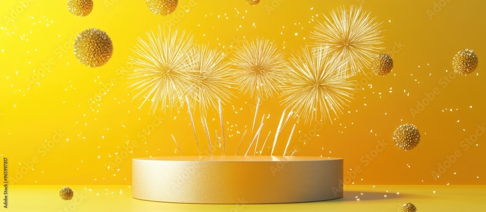 Poster minimalist design for a festival product display podium 3d render featuring fireworks against a yell