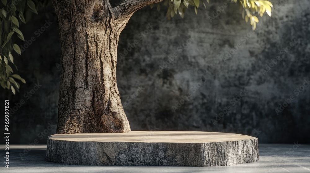 Aufkleber podium backdrop featuring a tree trunk as a support element illustrating a natural theme 3d renderin
