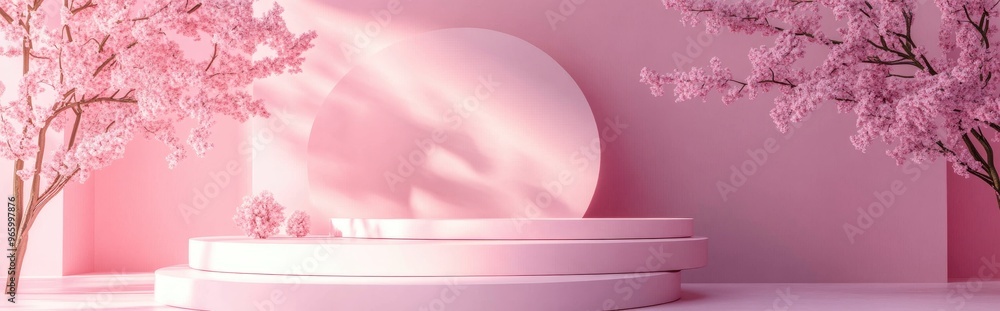 Poster elegant pink geometric backdrop featuring three tiers for product displays 3d rendering