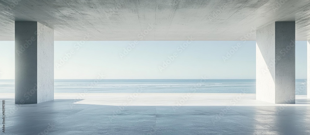 Fototapete Empty gray concrete floor in minimalist architecture 3D rendering of an abstract white structure with a backdrop of beach and sea