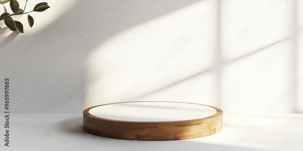 Poster Wooden pedestal with a light frame on a white background blank pedestal minimal concept template 3D rendering mockup