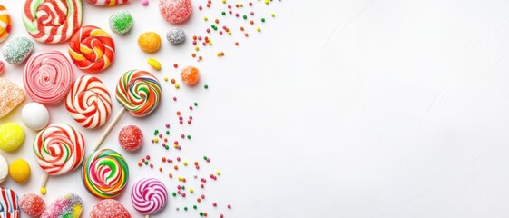 Colorful candy background with blank space for text. Colorful lollipop, candies, and sweets on a white tabletop view. Flat lay of a blank banner with an empty copy area.