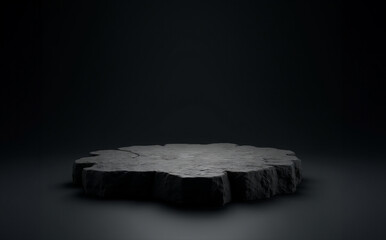 Natural stone display platform on black background. Mockup for advertising.