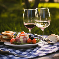 photo healthy breakfast and wine glasses on blanket over the green grass