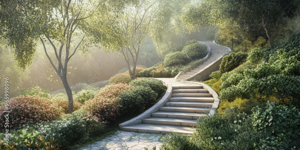 Sticker Stone Steps Leading Through a Misty Forest Garden