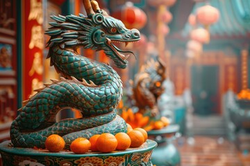Fototapeta premium Ornate Traditional Chinese Dragon Statue with Oranges in a Vibrant Temple Setting