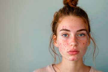 teenage girl face with acne and pimples, portrait on neutral background
