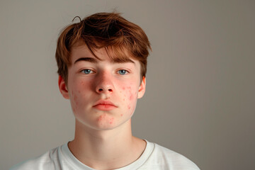 Fototapeta premium teenage boy face with acne and pimples, portrait on neutral background