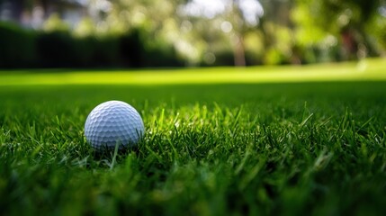 Obraz premium Golf ball resting on the green grass.
