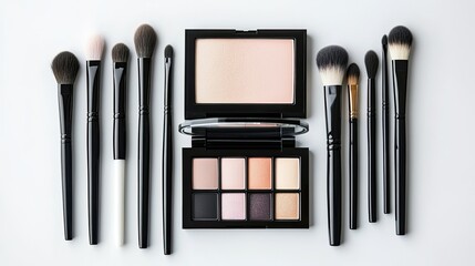 High-angle view of various makeup brushes neatly arranged alongside an open compact powder and eyeshadow palette.