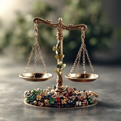 Golden scales of justice, symbol of legal balance, weigh law and business on a brass scale