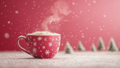 Red Mug of Steaming Hot Beverage with Snowflakes on a Snowy Surface