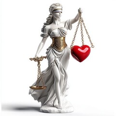 Ancient bronze statuette of Themis, goddess of justice, balancing scales, isolated on white background