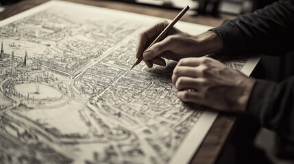 Cartographer drawing a new section on a large, detailed map of a city.