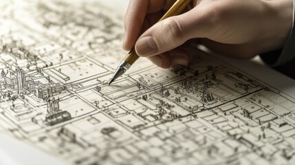 Cartographer drawing a new section on a large, detailed map of a city.