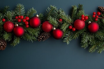 Red Christmas Ornaments and Pine Branches on a Dark Blue Background