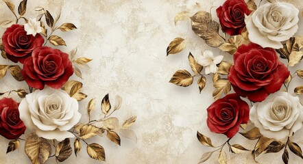 Elegant arrangement of red and white roses with gold accents on a floral background