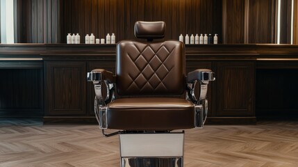 Old-school barbershop with a luxurious leather chair, warm wood interiors, and a timeless atmosphere, perfect for showcasing traditional grooming services