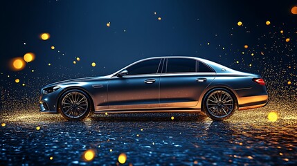 Elegant Silver Luxury Sedan Surrounded by Gold Sparks on Deep Blue Background - High-Resolution 3D Render with Metallic Sheen