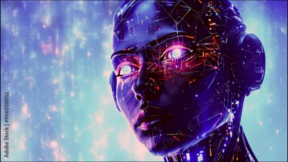 Poster close-up of a futuristic robot's face with glowing circuitry
