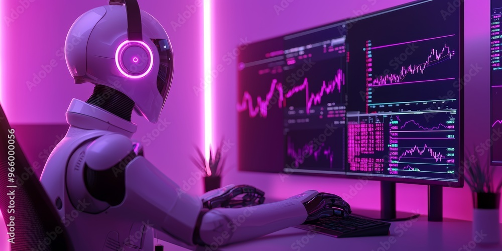 Poster robot trader analyzing stock charts in a neon-lit office, minimalist ui on screens, with smooth, cle