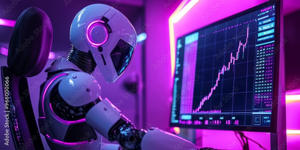 Poster robot trader analyzing stock charts in a neon-lit office, minimalist ui on screens, with smooth, cle