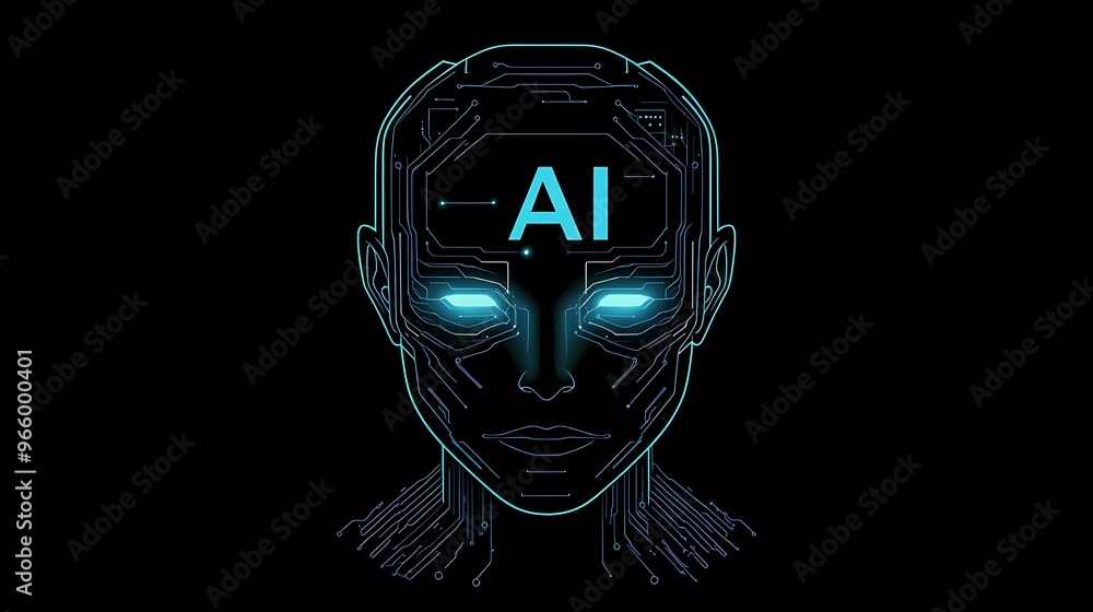 Aufkleber futuristic robot ai logo design with glowing letters on forehead in digital circuit lines - 3d vecto