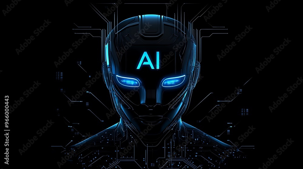 Aufkleber futuristic robot ai logo design with glowing letters on forehead, digital circuit lines in 3d vector