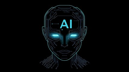 Futuristic Robot AI Logo Design with Glowing Letters on Forehead in Digital Circuit Lines - 3D Vector Technology Illustration on Black Background