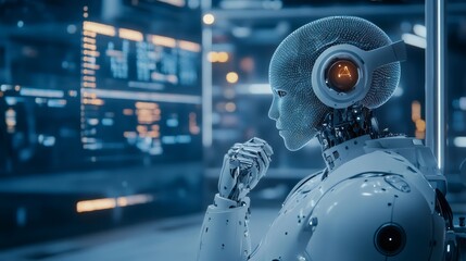 A futuristic robot with a human-like face and a sleek metallic body stands in front of a blurred blue screen.