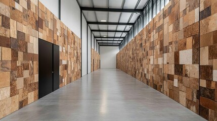 An innovative warehouse with walls made of recycled materials, highlighting green logistics and sustainability