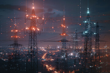 Fototapeta premium High-voltage power lines over cityscape at night with digital effects