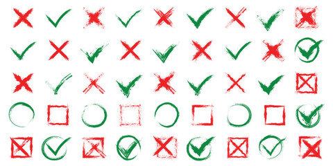 Check and cross brush icon collection. Set of green tick and red cross with frame