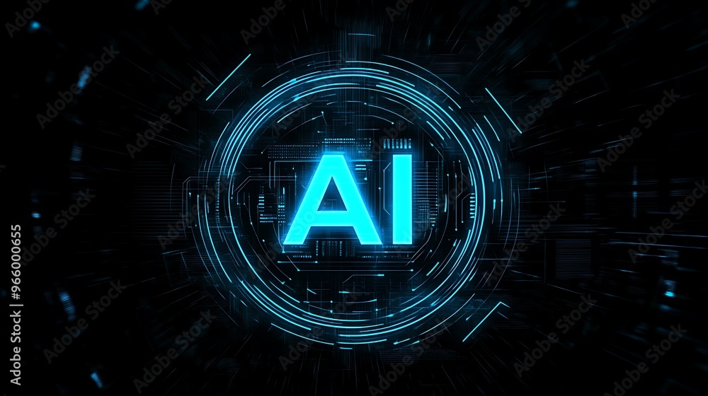 Aufkleber futuristic ai digital assistant logo design with neon blue lines and tech circuit on black backgroun