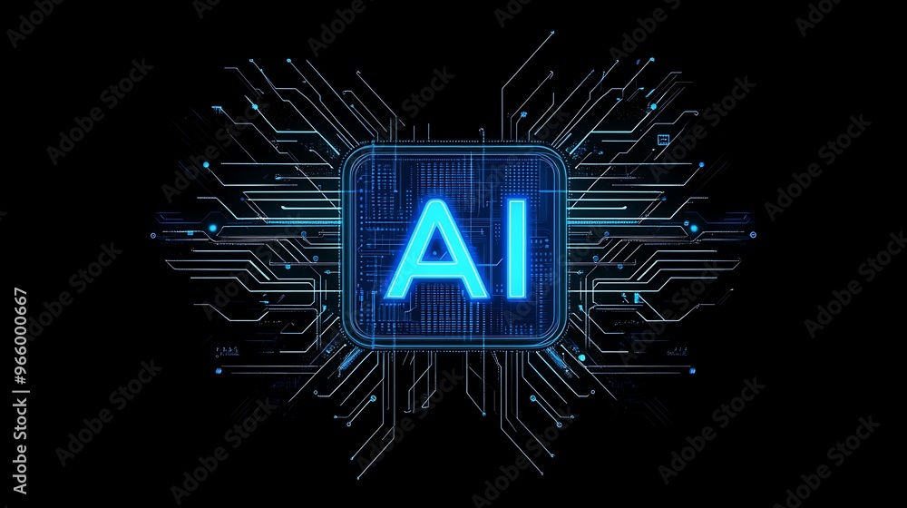 Poster futuristic ai digital assistant logo in neon blue lines surrounded by glowing tech circuit on black 