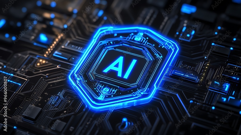Poster futuristic shield with ai engraved letters in glowing blue on digital circuit board - 3d vector desi