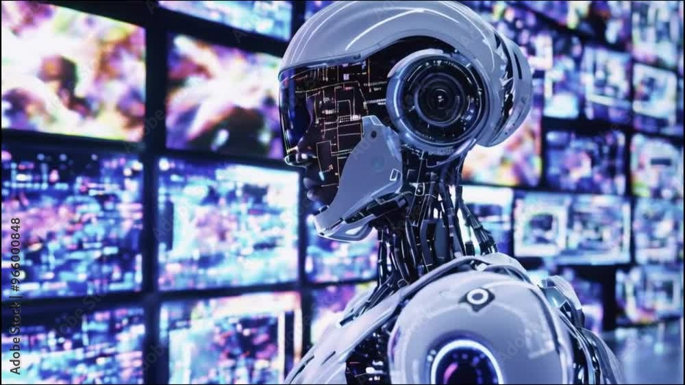 Poster a humanoid robot with a helmet and a large screen display in the background
