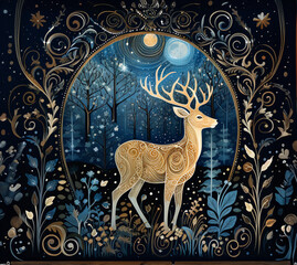 Magical illustration of golden graceful deer in the forest. Wild animal in the night is perfect for holiday greeting cards, Christmas-themed content, or seasonal decorations, poster, books, print. 