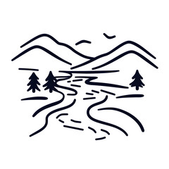 Fototapeta premium River curves with trees landscape black outline icon isolated on white icon